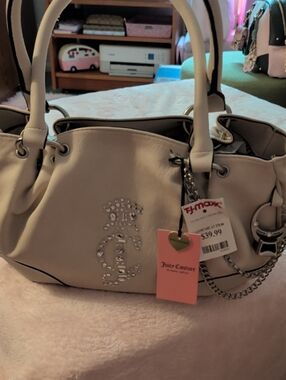 Juicy Couture Cream Rhinestone Logo Shoulder Bag